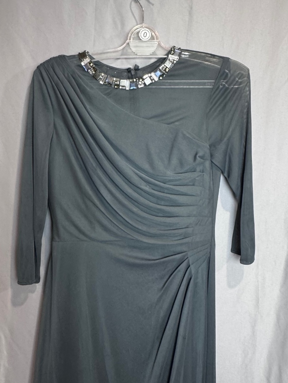ALEX EVENINGS Ruched Mesh Illusion Jeweled Neck Gown Charcoal Slate Grey 10